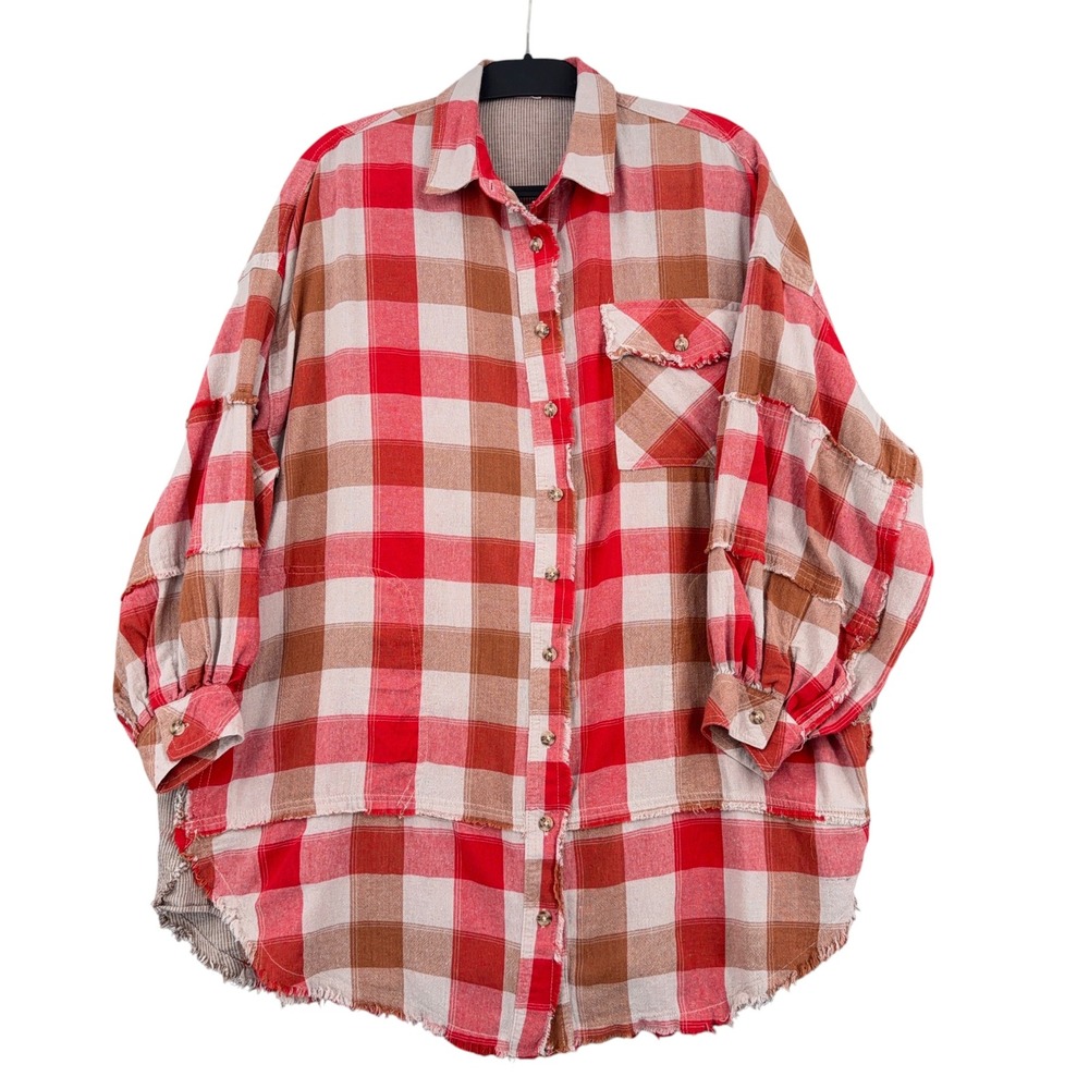 Easel Plaid Shacket Womens S Cotton Linen Red Tan Oversized ED14143‎